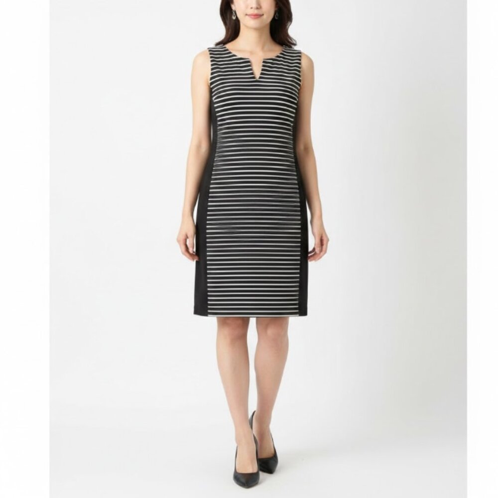 Lafayette 148 New York Black White Y Neckโ Stripe Stretch Pullover Dress Medium